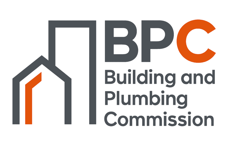 Licensed image of a construction company logo with house icon and text “Building and Plumbing Commission”.