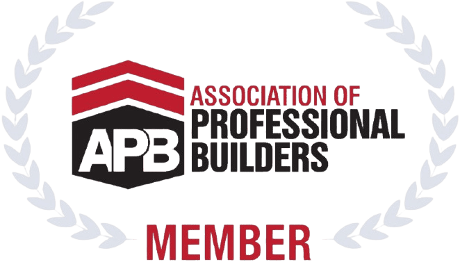Professional builder association member badge featuring APB logo and laurel wreath, highlighting industry credentials and trust.