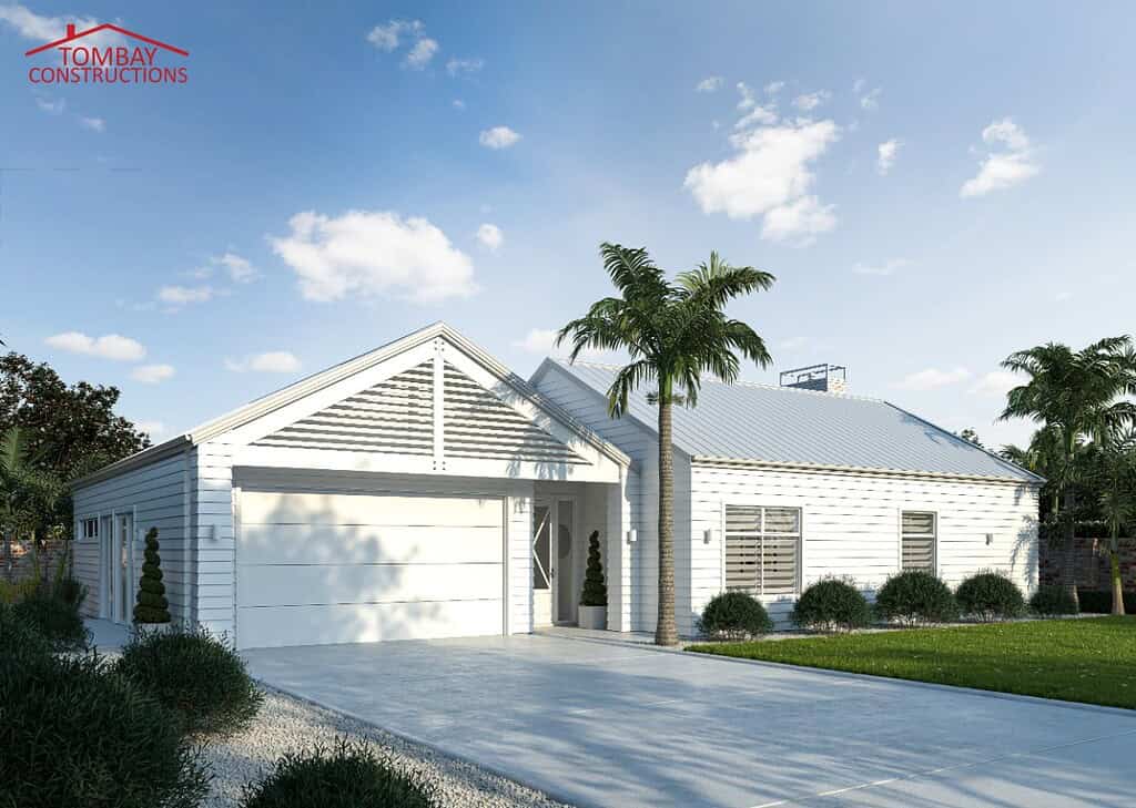 Bright white house with modern design, landscaped garden, palm trees, and clear sky.